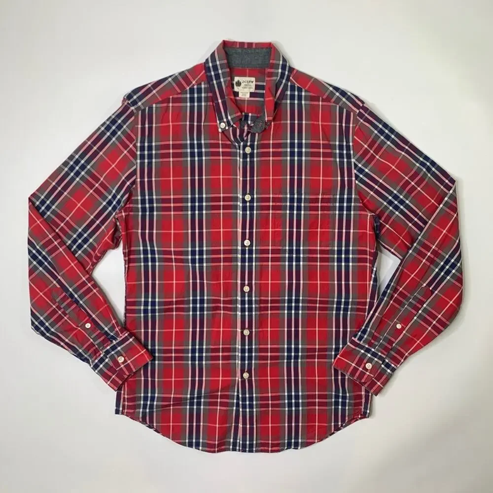 J Crew Shirt Mens S Small Red Cotton Washed Tartan Plaid Button Up Long Sleeve